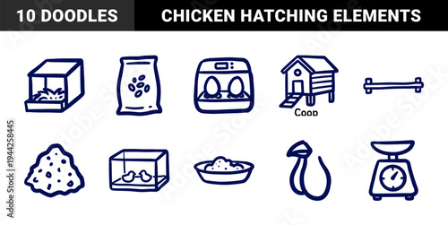 Backyard poultry farming and chicken hatching elements for rustic homesteading brands. Naive blue marker sketch illustrations of incubator and coop.