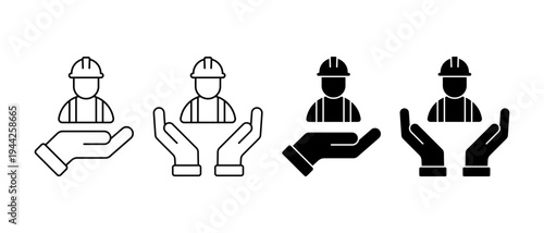 Hand Holding Construction Worker Vector Icon Set. Construction Labor Safety Symbol