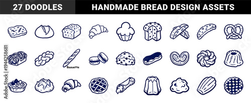 Assorted artisanal bakery items and traditional pastry sketches for rustic food branding. Naive hand-drawn doodle illustrations of breads.