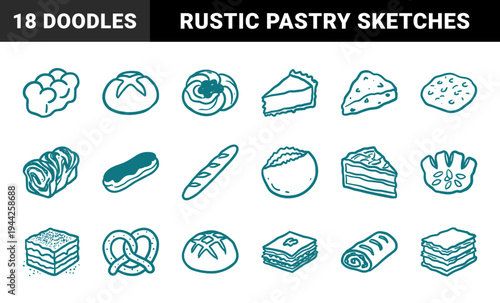 Artisan bakery products and bread doodles for rustic cafe branding. Naive marker sketch illustrations featuring pastries, cakes, and desserts.