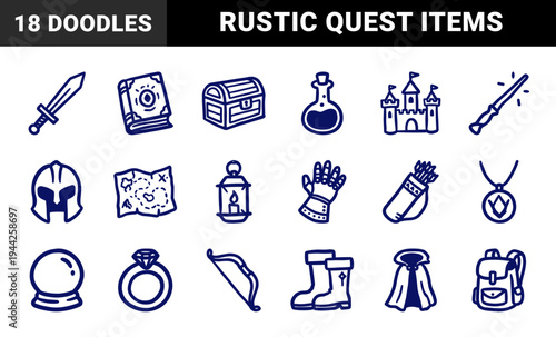 Hand-drawn fantasy adventure equipment for tabletop gaming branding. Blue ink doodle quest items featuring sword, potion, and magic gear.