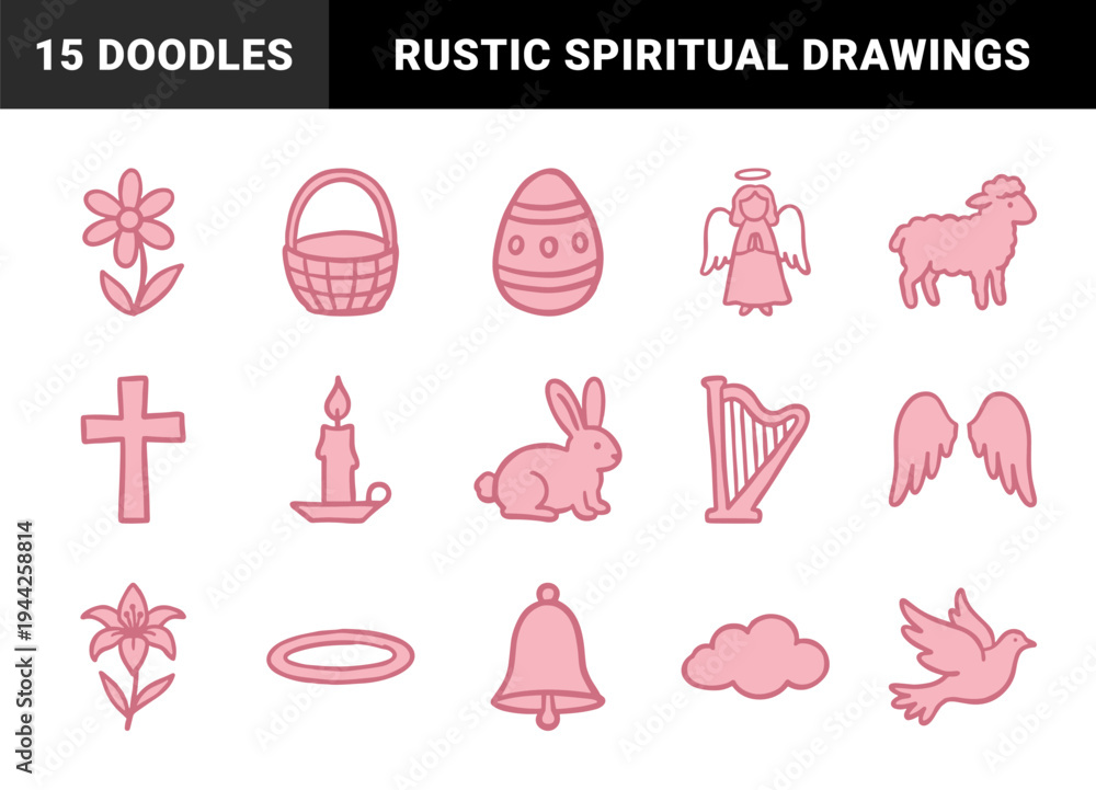 Naklejka premium Religious and Easter themed hand-drawn pink doodles for spiritual branding and holiday stationery. Naive marker sketch illustrations featuring angels, crosses, and spring symbols.