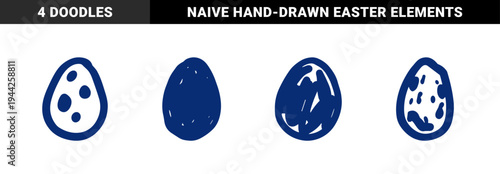 Blue hand-drawn Easter eggs with rustic marker patterns for organic brand identity. Naive doodle oval shapes for seasonal spring decor.