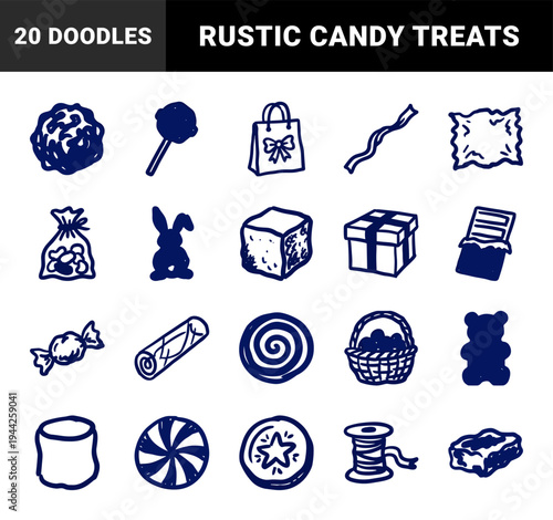 Hand-drawn candy and sweet treats for playful branding. Crude marker sketch featuring lollipops, chocolate, and gifts in rustic doodle style.