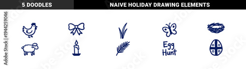 Hand-drawn Easter and spring celebration elements in a naive doodle style. Rustic blue marker sketches for seasonal branding and scrapbooking.