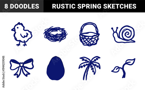 Hand-drawn spring and nature elements for organic branding. Naive marker sketches of a chick, snail, and palm tree for rustic storytelling.
