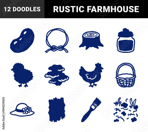 Rustic farmhouse and gardening elements for organic branding. Naive blue marker sketches featuring a hen, chick, basket, and country nature.