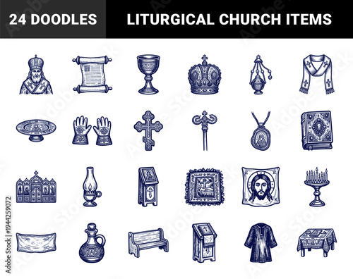 Orthodox liturgical symbols in traditional engraving style. Ornate hand-drawn church ritual elements for religious branding and theology.