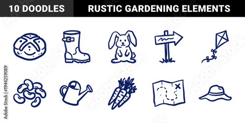 Rural gardening and outdoor adventure elements for organic brand identity. Naive marker doodle sketches featuring farming and hobby concepts.