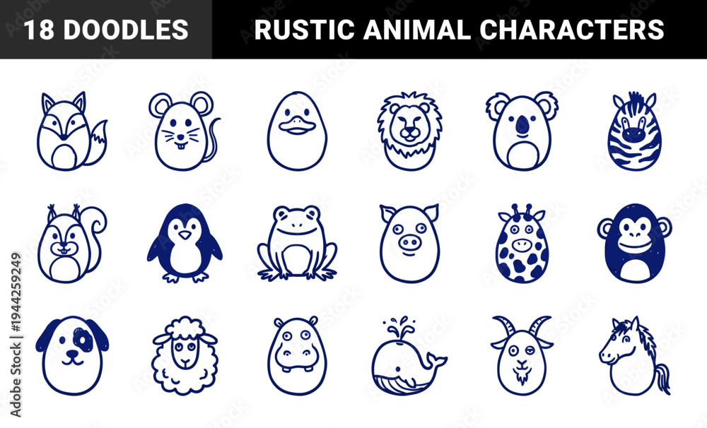 Obraz premium Hand-drawn animal faces for nursery branding. Naive blue marker sketches featuring diverse zoo and farm creatures in a cute doodle aesthetic.