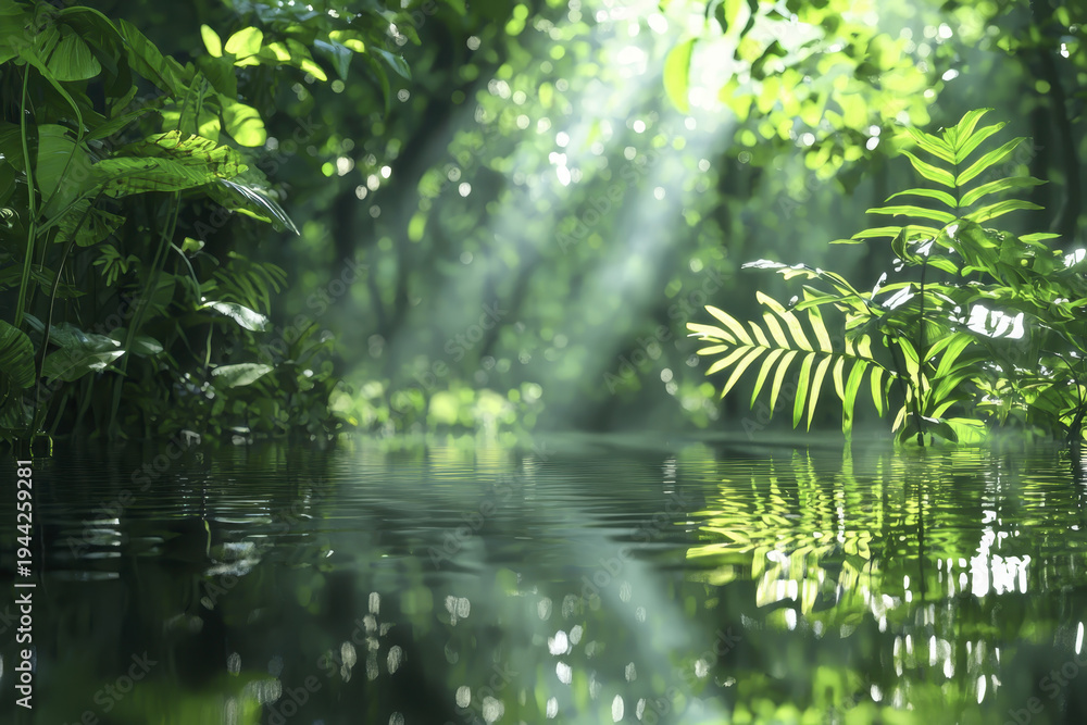 Obraz premium Tranquil forest scene with sunlight filtering through lush greenery, reflecting on calm water, creating serene atmosphere