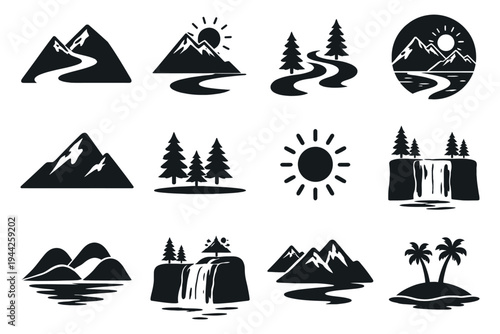 Nature icons with mountain river sun minimal 
