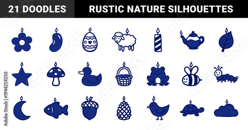 Hand-drawn candle silhouettes featuring animals and nature for cozy branding. Naive blue doodle illustrations with a rustic and organic aesthetic.