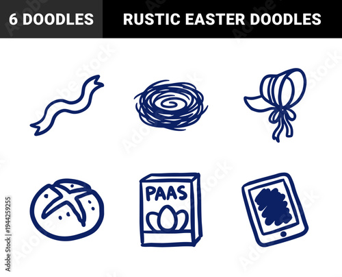 Easter morning elements in a naive marker sketch style. Rustic doodle of a nest, sun bonnet, and bread for organic brand identity.