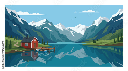 A stylized vector landscape featuring a red cabin reflected on a tranquil lake surrounded by majestic mountains in Norway, evoking peace, serenity, and the spirit of outdoor adventure.