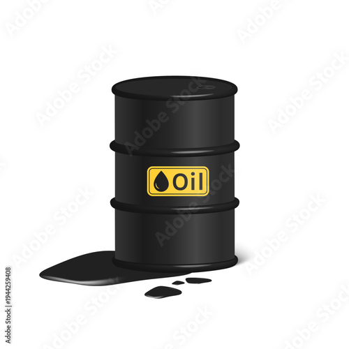 Black Oil Barrel with Leaking Crude Oil Realistic Vector Illustration