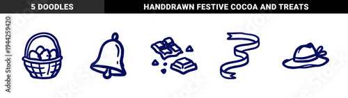 Hand-drawn Easter and spring holiday celebration elements for organic branding. Naive marker sketch illustrations of basket, chocolate, and bell.