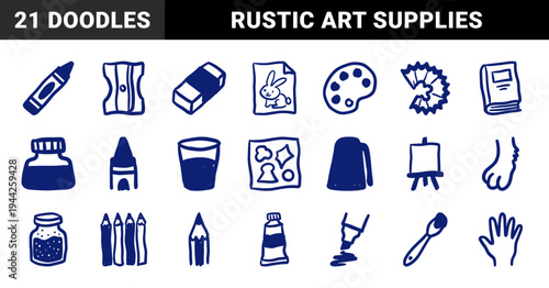 Hand-drawn art tools and stationery for educational branding. Rustic naive marker sketches featuring school drawing tools and hobby gear.
