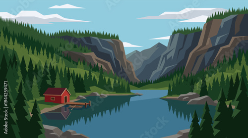 Serene illustration depicts a red cabin nestled by a lake, surrounded by a lush green forest and towering mountains against a clear blue sky, ideal for travel and outdoor themes.