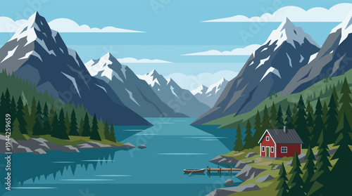 Serene vector illustration of a red house by a mountain lake, featuring Scandinavian architecture, towering mountains, and peaceful scenery. Ideal for travel, vacation, and nature themes.