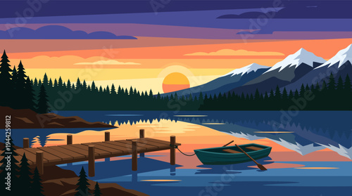 A peaceful vector illustration showing a wooden dock and rowboat on a calm lake, with mountains and a colorful sunset sky, evoking tranquility and nature.