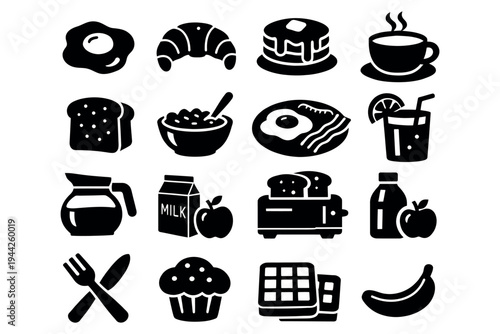 Set of black breakfast glyph icons featuring a serving tray, croissant, coffee cup, glass of juice, flower in a vase, and a folded napkin in a simple, minimalist style