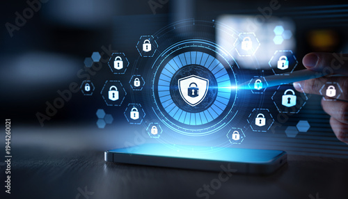Tableau sur toile Cybersecurity and Data Protection Interface with Digital Padlock Icons on Virtual Screen
