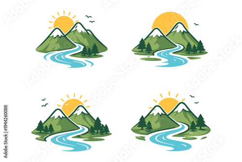Nature icons with mountain river sun minimal 
