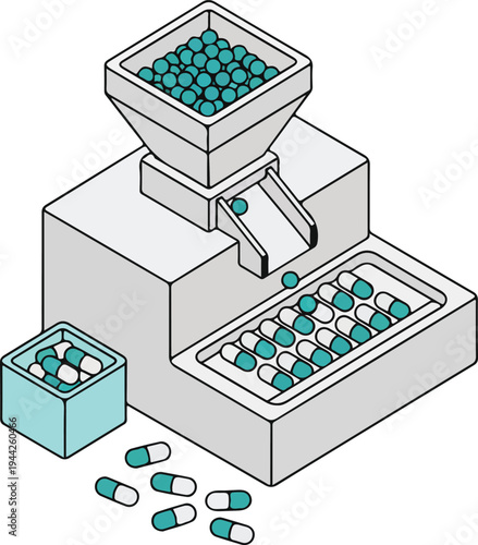 A machine fills capsules with colored pills
