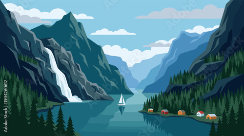 A vector illustration showing a sailboat sailing on a lake with a waterfall cascading down a mountain, surrounded by evergreen trees and cozy cottages, evoking serenity.