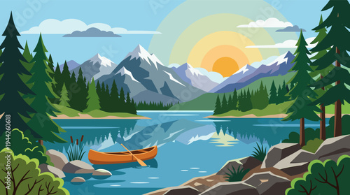 A serene cartoon landscape illustration featuring a canoe floating on a calm lake, framed by mountains, forests, and a rising sun, evoking tranquility and a sense of peaceful adventure.