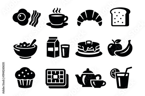 Set of black breakfast glyph icons featuring a serving tray, croissant, coffee cup, glass of juice, flower in a vase, and a folded napkin in a simple, minimalist style