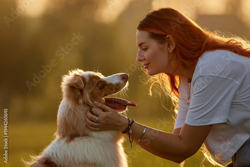 Close-up profile of a happy redhead woman bonding with her Australian Shepherd dog in golden hour sunlight at the park. Concept of love, pet care, animal friendship and trust in nature 