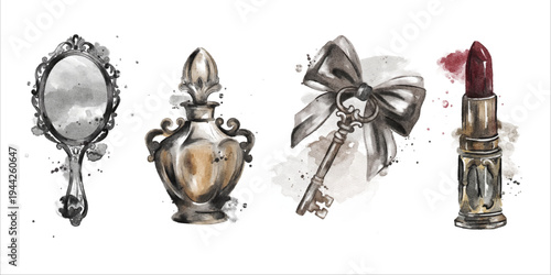 Watercolor gothic beauty set with vintage mirror, perfume bottle, decorative key with bow and red lipstick