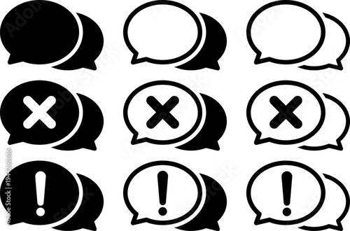 吹き出しのエラー・注意アイコンセット｜送信失敗・警告を表すシンプルUI素材 Chat Bubble Error and Warning Icons Set – Message Failure and Alert Symbols
