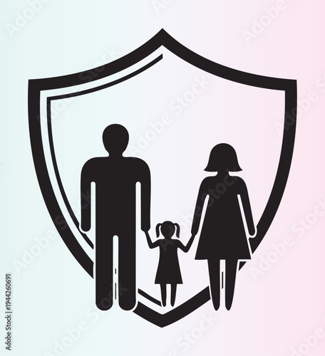 Family protection shield icon with parents and child holding hands