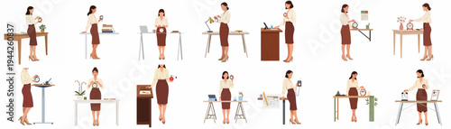 Set of illustrations showing a professional woman managing time with various clocks and timers at different office desks and workstations.