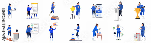Comprehensive Flat Illustration Set of a Motivated Young Woman in a Tracksuit Engaging in Various Educational, Productivity, and Success Oriented Activities