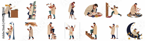 Set of flat vector illustrations depicting a creative man in a trench coat writing and reading in various imaginative and everyday settings.