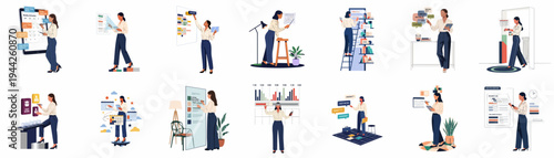Collection of professional illustrations featuring a businesswoman managing tasks, schedules, data, and workflows in various modern office settings.