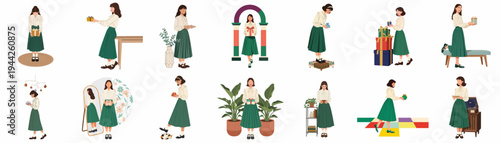 A collection of flat illustrations showing a stylish woman in a green skirt and cream blouse celebrating and sharing various gift boxes.