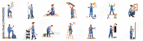 Vector set of professional painters and decorators in blue overalls performing various home renovation tasks like painting walls, ceilings, and installing wallpaper.