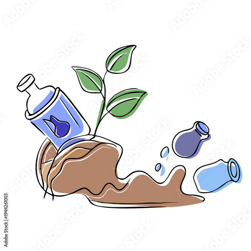 Illustration of plant growing from soil with spilled bottles nearby  
