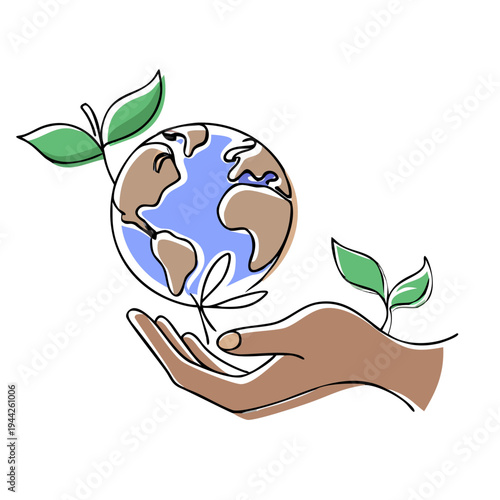 Hand holding Earth with green plants symbolizing environmental care  