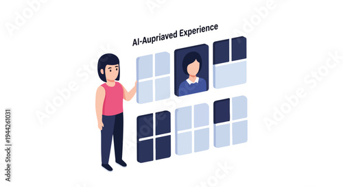 Woman interacting with digital interface windows.