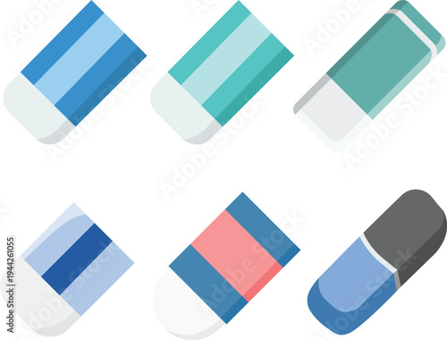Colorful rubber eraser vector set school and office stationery icons Back to school design elements