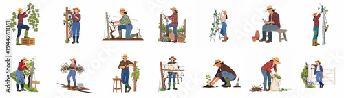 Set of flat vector illustrations of female vineyard workers engaged in various agricultural activities such as pruning, planting, and harvesting grapes.