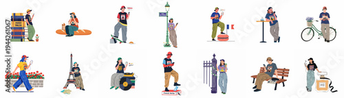 Set of flat vector illustrations featuring young people exploring French culture, travel, and landmarks while interacting with their smartphones in various urban settings.