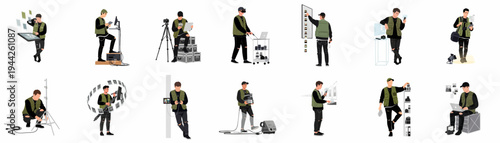 Set of flat vector illustrations featuring a male media professional performing various photography and video production tasks with studio gear and digital tools.