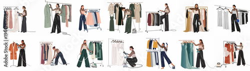 Set of illustrations depicting a woman using various garment steamers and irons to prepare clothes on racks in a fashion studio setting.